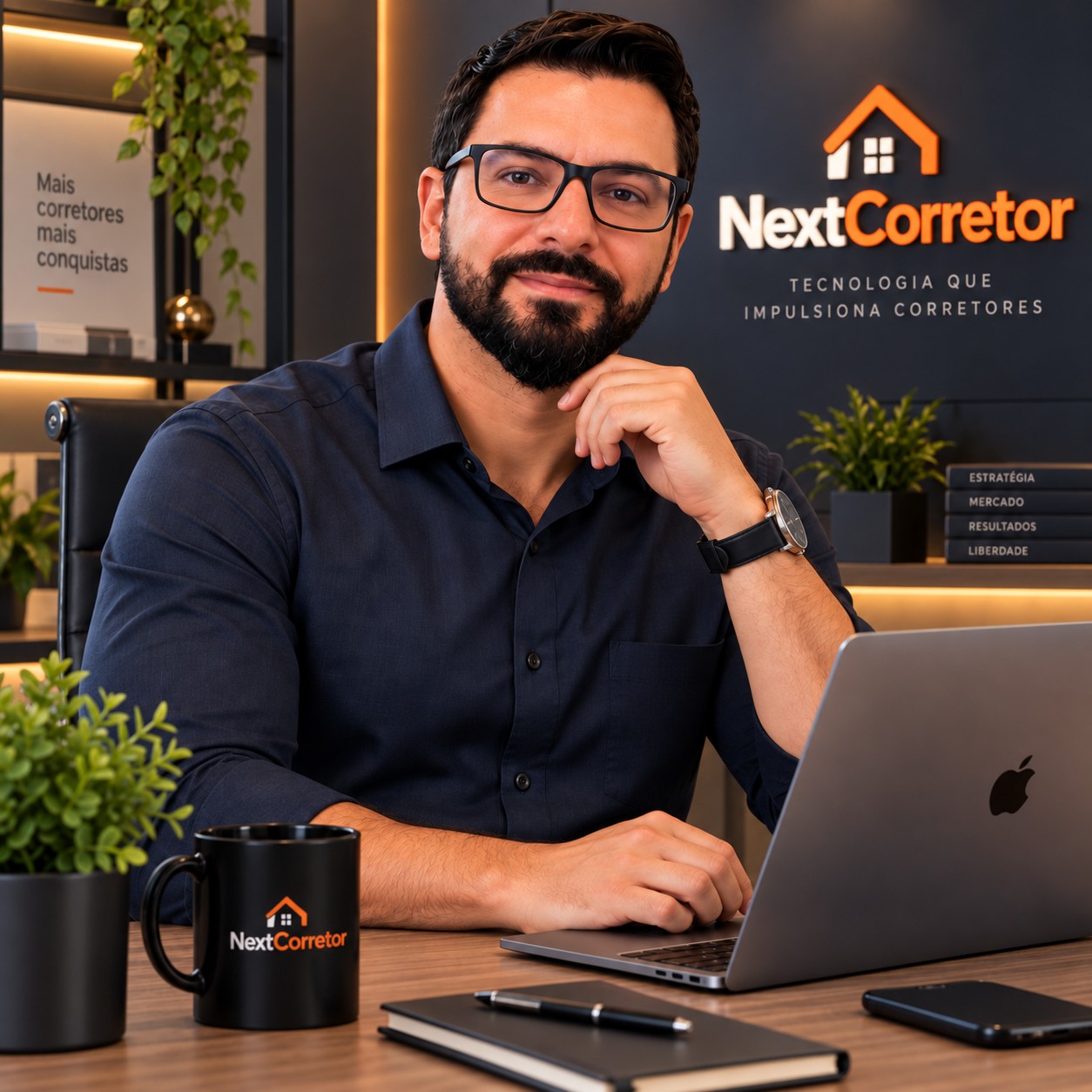 Tiago Ribeiro, Personal Broker e Perito Avaliador Imobiliário em seu escritório de consultoria